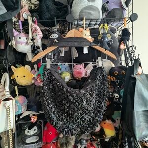 Genuine Leather Black Textured Shoulder Bag Floral Applique Hobo Purse